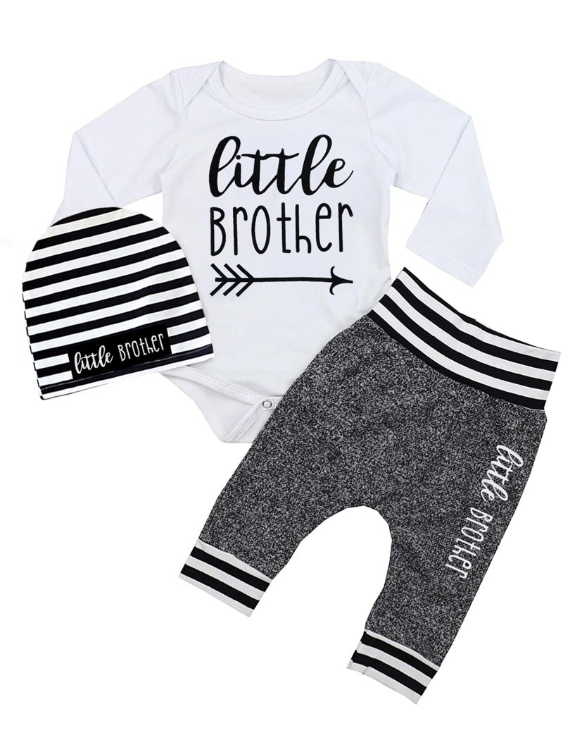Fommy Baby Boy Clothes 3-6 Months Infant Boys Outfits Little Brother Letter Print Long Sleeve Romper Pants+Stripe Hat 3PCS Baby Boy Outfits 3-6 months - Image 1